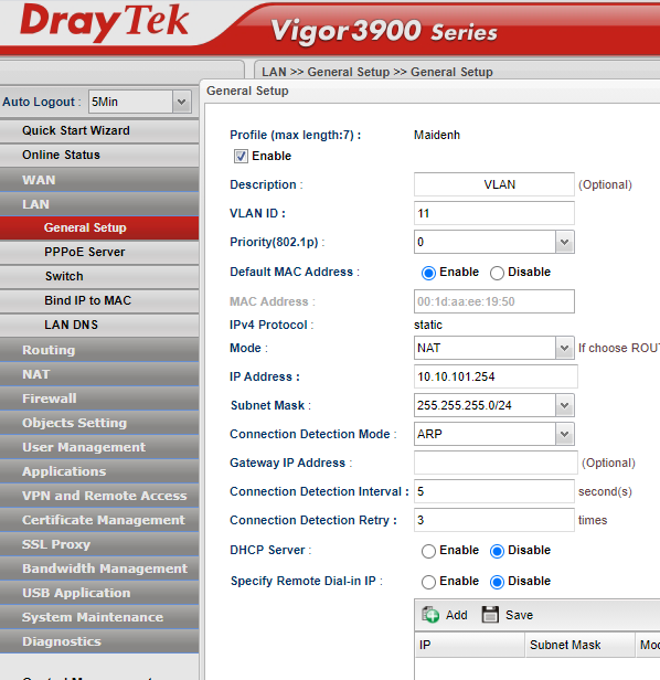 DrayTek Vigor 3900 VLAN remote subnet