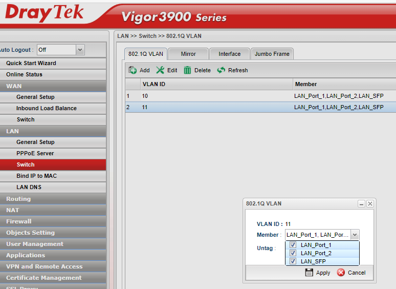 DrayTek 3900 VLAN Tag Member Port Select